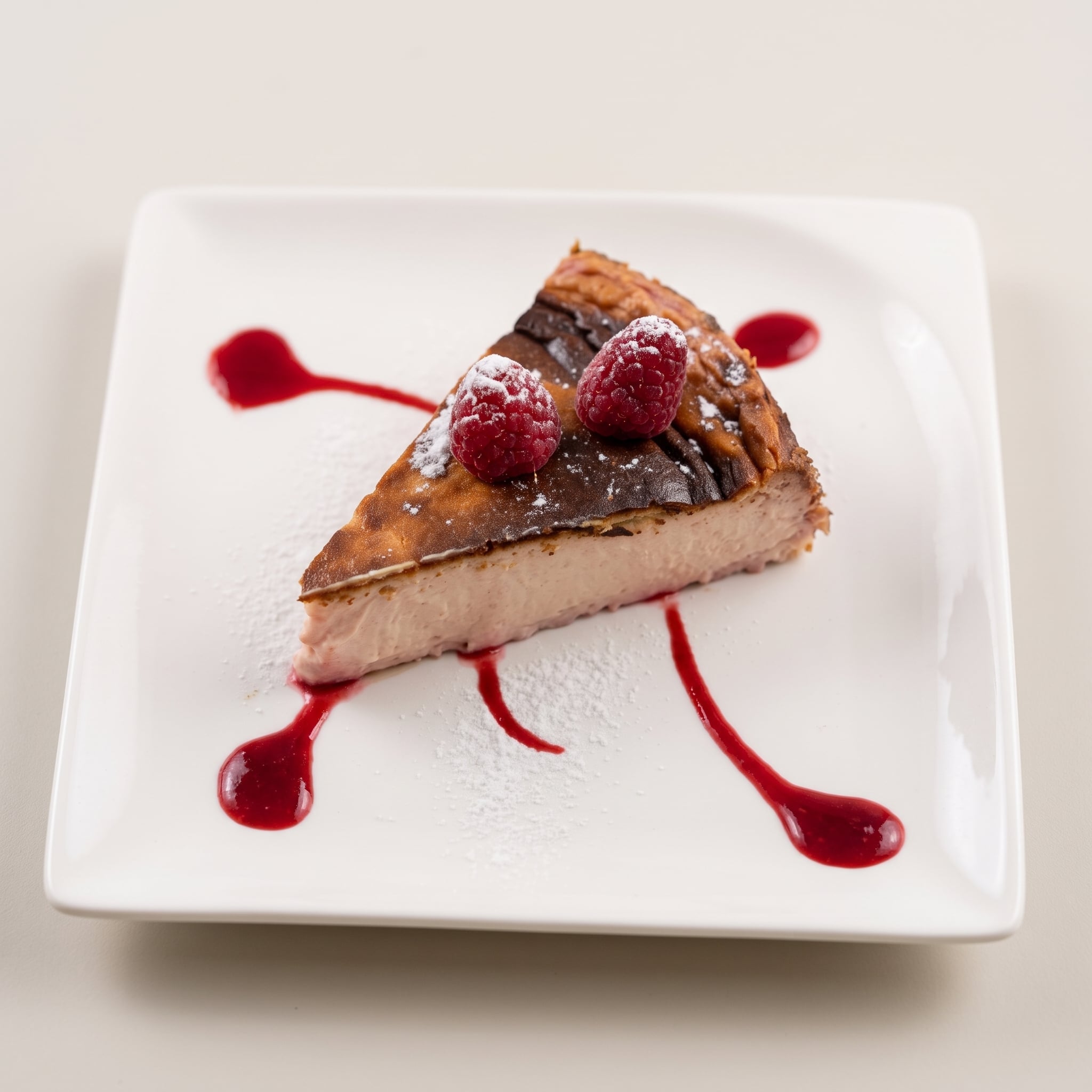 Porción de cheesecake sobre base de galleta con coulis de frambuesa