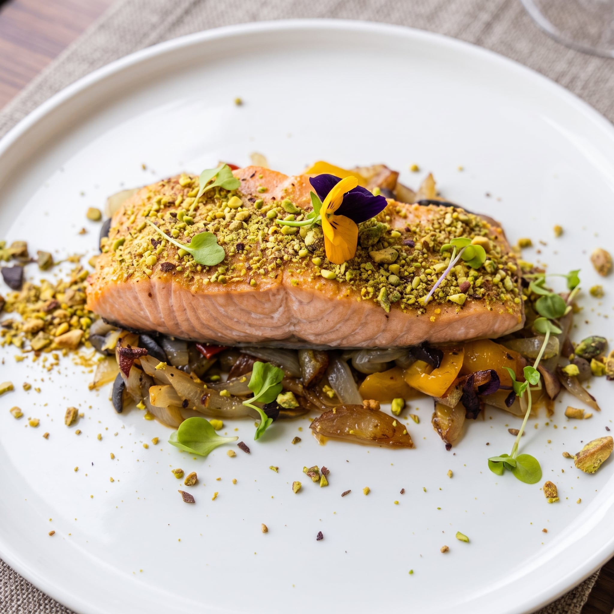 Lomo de salmón al horno con costra de azúcar moreno sobre salteado de verduras