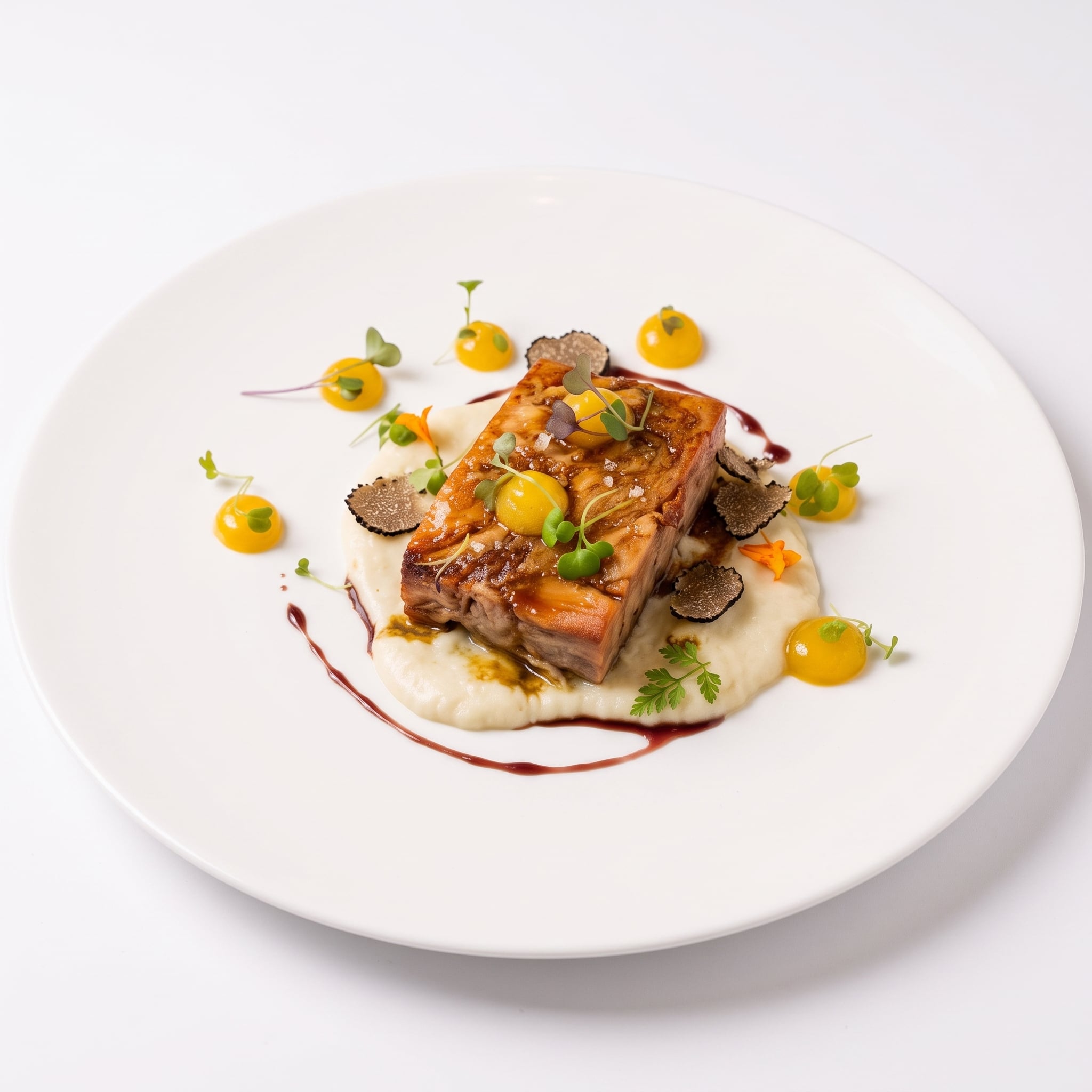 Cochinillo confitado con salsa de manzana y gel de naranja